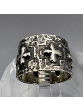 Ronnie Willie Navajo Cross Band Ring Sterling Silver Hammered Wide Size 9.25